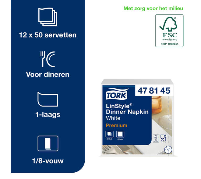 Dinerservet Tork Linstyle Premium 1/8 vouw 1-laags 390x390mm 50 vel wit 478180