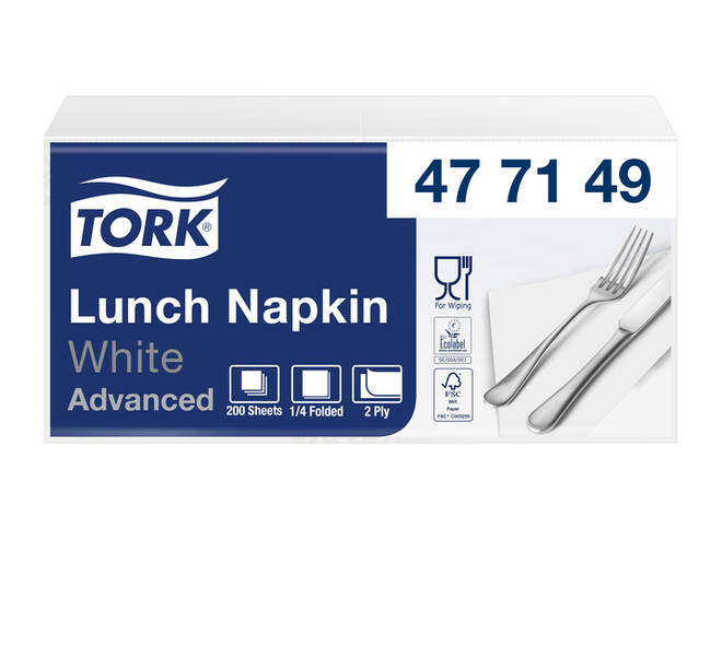 Lunchservet Tork Advanced 1/4 vouw 2-laags 328x325mm 200 vel wit 477149