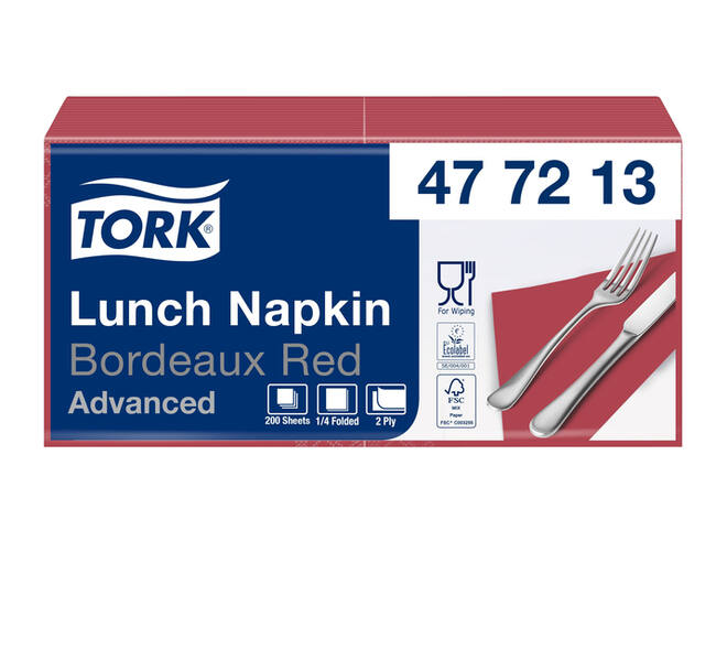 Lunchservet Tork Advanced 1/4 vouw 2-laags 328x325mm 200 vel bordeauxrood 477213