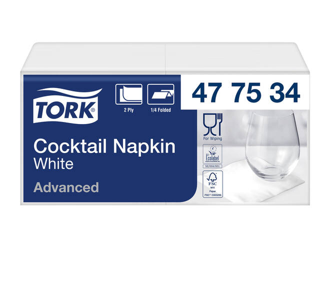 Cocktailservet Tork Advanced 1/4 vouw 2-laags 238x238mm 200 vel wit 477534