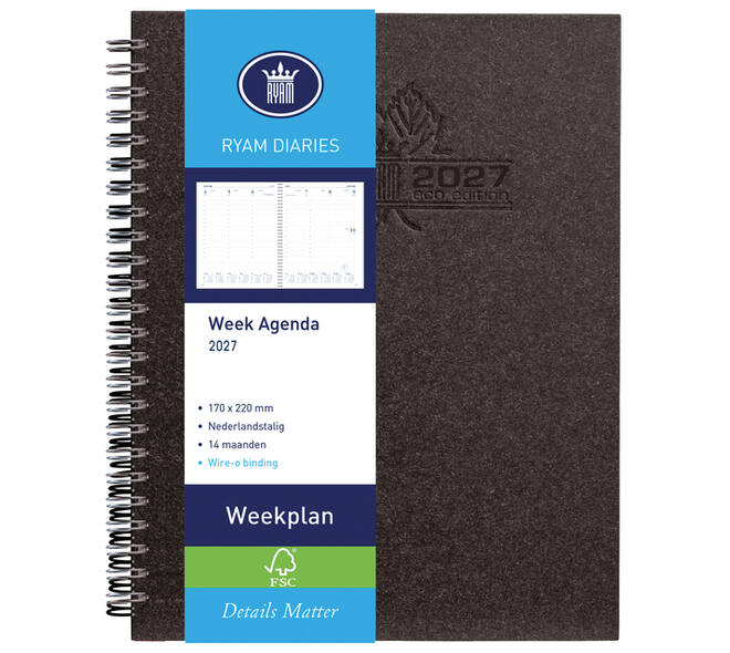 Agenda 2027 Ryam Weekplan Wire-o 7dagen/2pagina's zwart