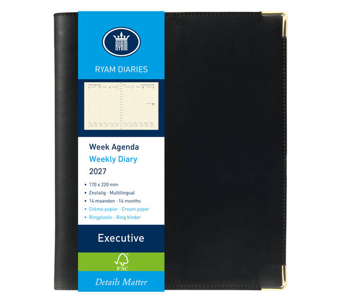 Agenda 2027 Ryam Executive Nappa 7dagen/2pagina's ringplastic zwart