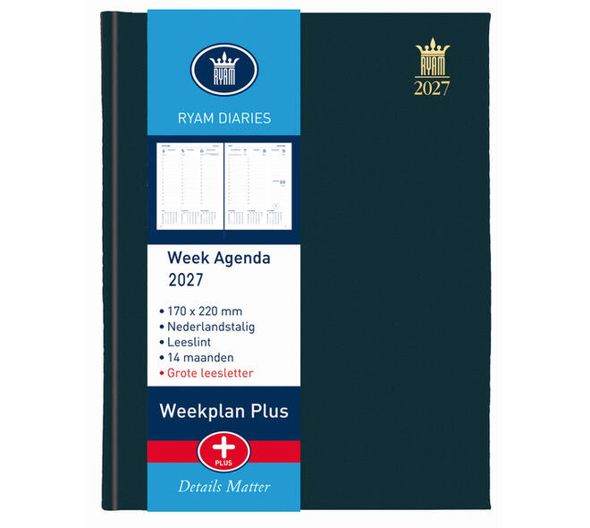 Agenda 2027 Ryam Weekplan Plus Mercury groot letter 7dagen/2pagina's zwart