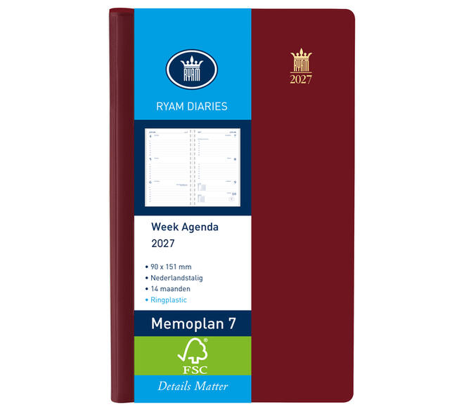 Agenda 2027 Ryam Memoplan 7 Suprema ringplasic 7dagen/2pagina's bordeaux