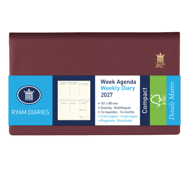 Agenda 2027 Ryam Compact Suprema 7dagen/2pagina's ringplastic bordeaux