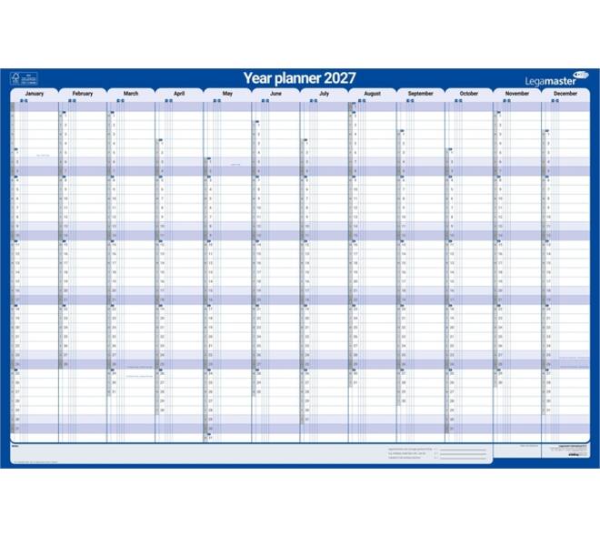 Jaarplanner 2027 Legamaster 1 persoon 90x60cm horizontaal gelamineerd Engelstalig