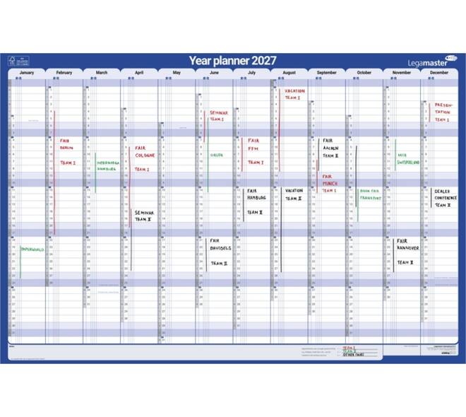 Jaarplanner 2027 Legamaster 1 persoon 90x60cm horizontaal gelamineerd Engelstalig