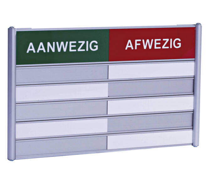 Aan- afwezigheidsbord voor 5 namen