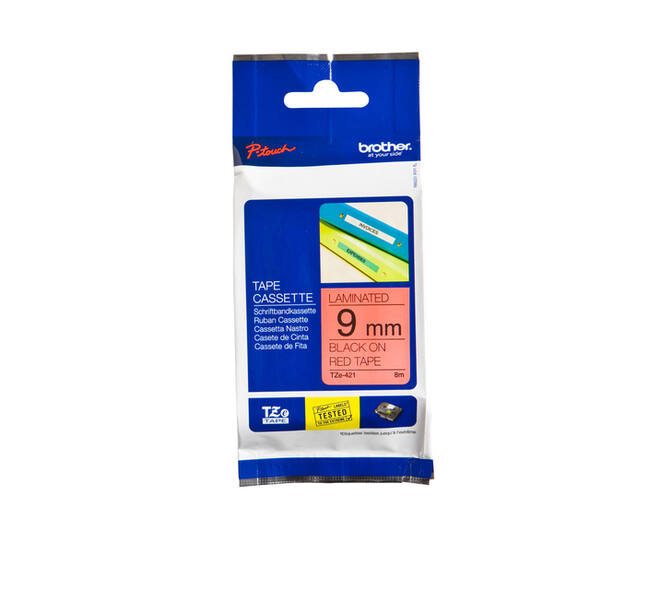 Labeltape Brother P-touch TZe-421 standaard 9mm zwart op rood