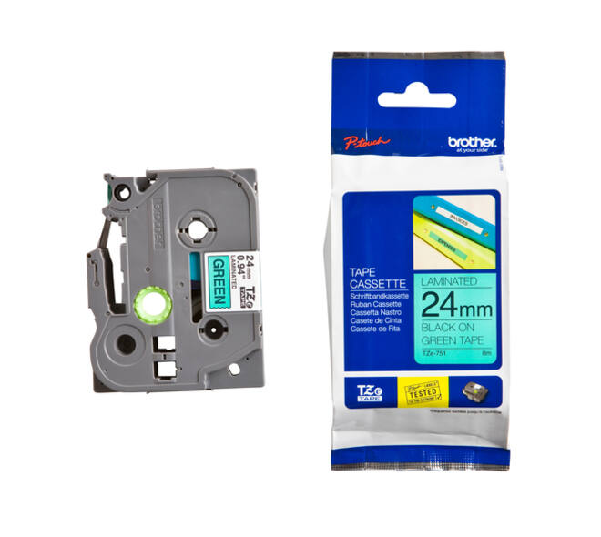Labeltape Brother P-touch TZe-751 standaard 24mm zwart op groen