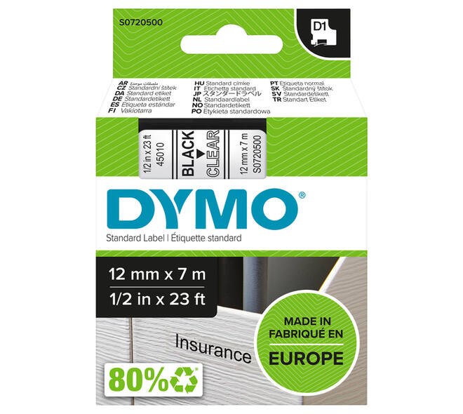 Labeltape Dymo LabelManager D1 polyester 12mm zwart op transparant