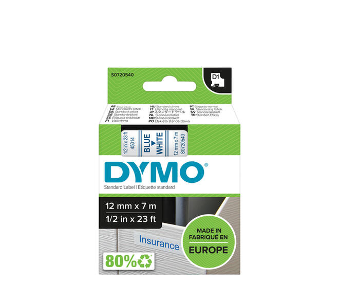 Labeltape Dymo LabelManager D1 polyester 12mm blauw op wit