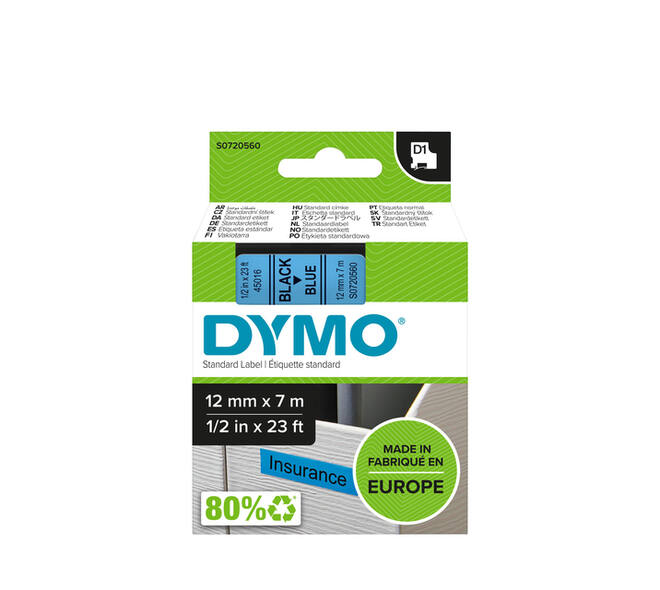Labeltape Dymo LabelManager D1 polyester 12mm zwart op blauw