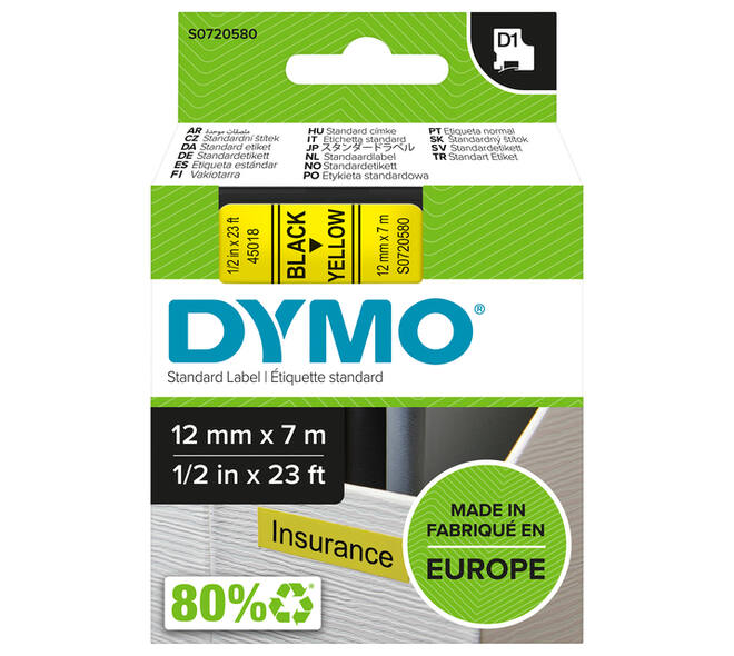 Labeltape Dymo LabelManager D1 polyester 12mm zwart op geel