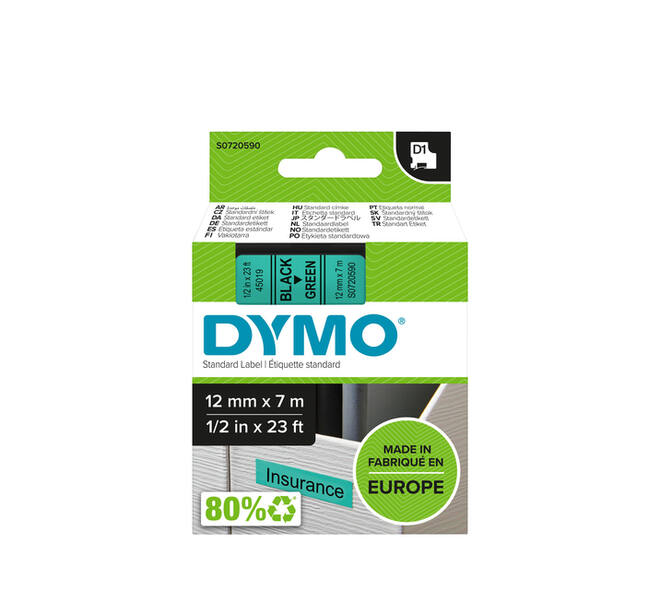 Labeltape Dymo LabelManager D1 polyester 12mm zwart op groen