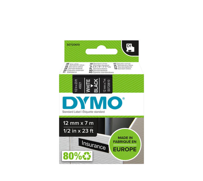 Labeltape Dymo LabelManager D1 polyester 12mmx7m wit op zwart