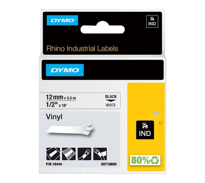 Labeltape Dymo Rhino industrieel vinyl 12mm zwart op wit