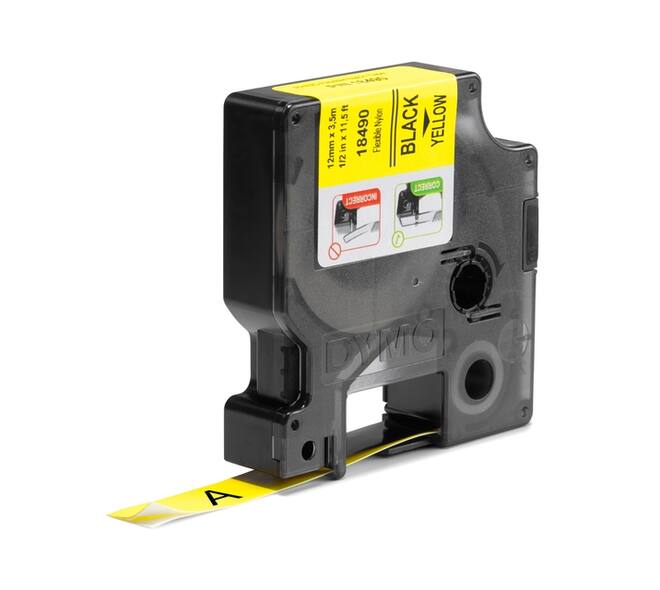 Labeltape Dymo Rhino industrieel nylon 12mm zwart op geel