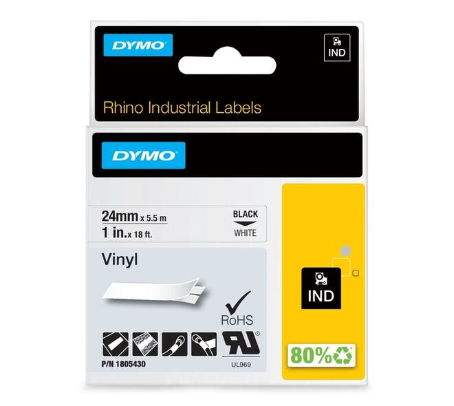 Labeltape Dymo Rhino industrieel vinyl 24mm zwart op wit