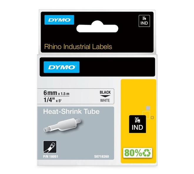 Labeltape Dymo Rhino industrieel krimpkous 6mm zwart op wit