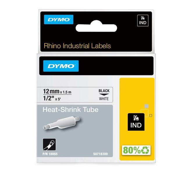 Labeltape Dymo Rhino industrieel krimpkous 12mm zwart op wit