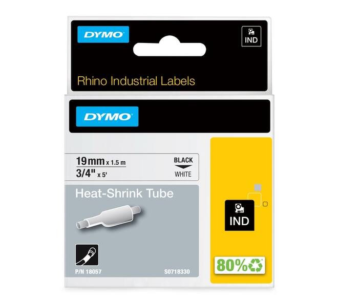 Labeltape Dymo Rhino industrieel krimpkous 19mm zwart op wit