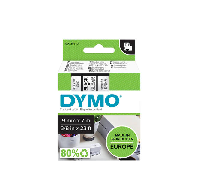 Labeltape Dymo LabelManager D1 polyester 9mm zwart op transparant