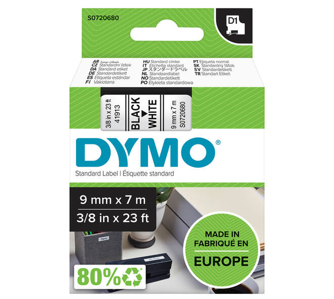 Labeltape Dymo LabelManager D1 polyester 9mm zwart op wit