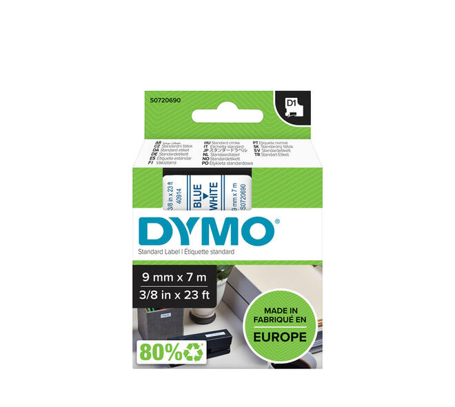 Labeltape Dymo LabelManager D1 polyester 9mm blauw op wit
