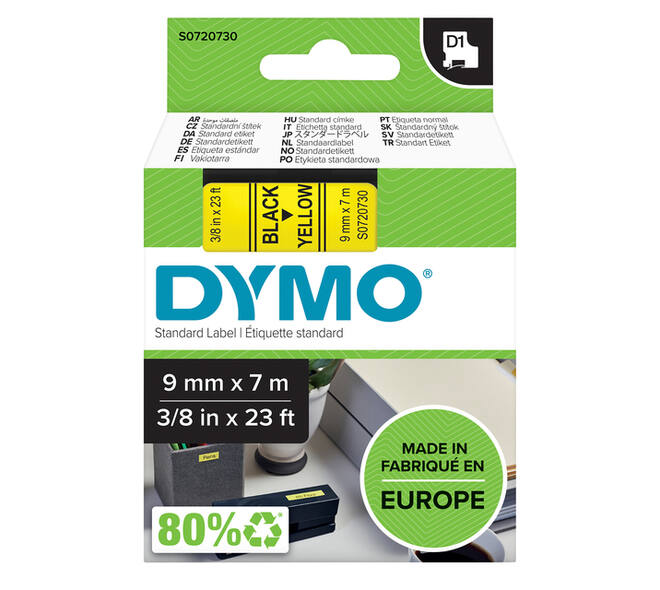 Labeltape Dymo LabelManager D1 polyester 9mm zwart op geel