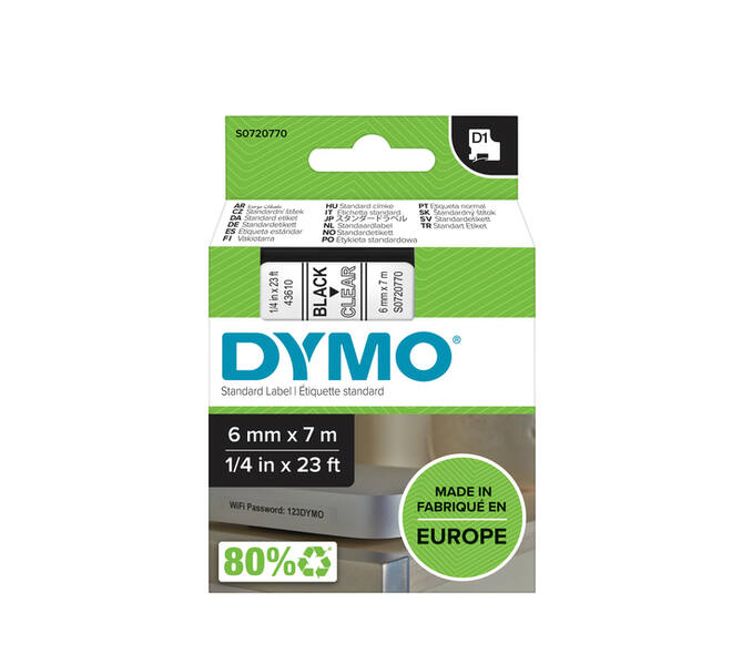 Labeltape Dymo LabelManager D1 polyester 6mm zwart op transparant