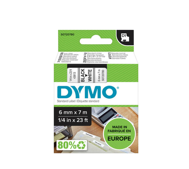 Labeltape Dymo LabelManager D1 polyester 6mm zwart op wit