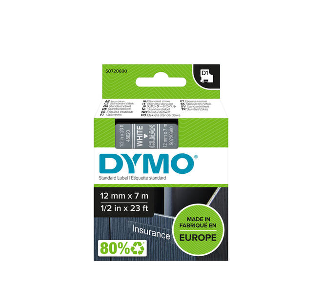 Labeltape Dymo LabelManager D1 polyester 12mm wit op transparant
