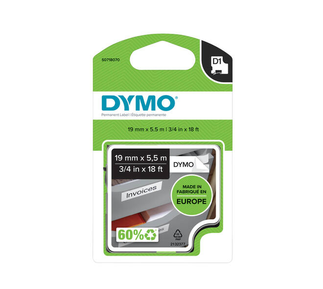 Labeltape Dymo LabelManager D1 polyester 19mmx5,5m zwart op wit
