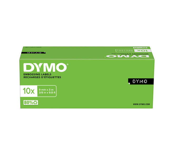 Reliëftape Dymo embossing plastic 9mm wit op zwart