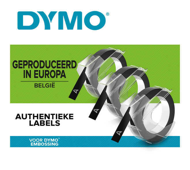 Reliëftape Dymo embossing plastic 9mm wit op zwart