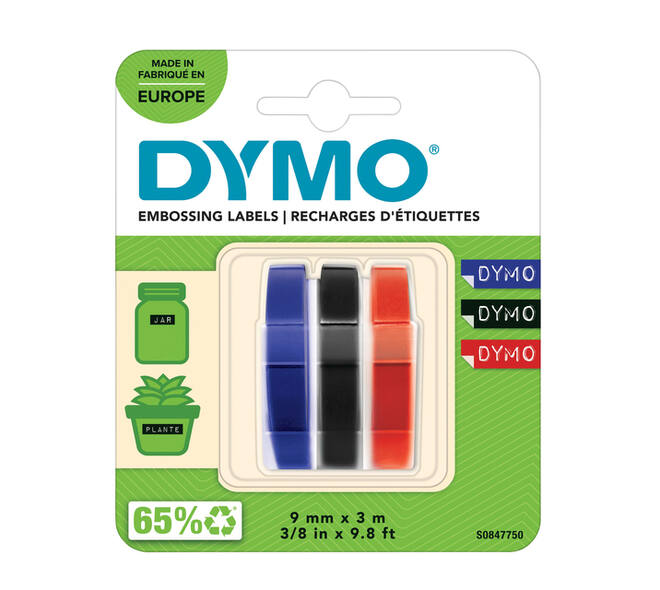 Reliëftape Dymo embossing vinyl 9mm assorti 3 stuks
