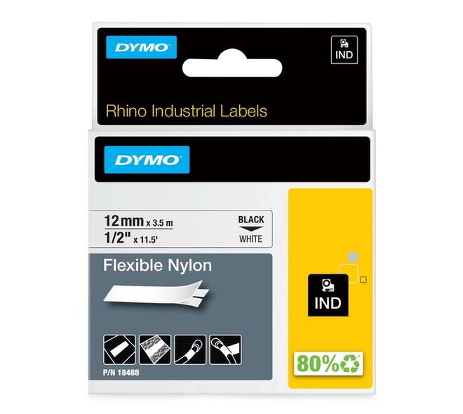 Labeltape Dymo Rhino industrieel nylon 12mm zwart op wit