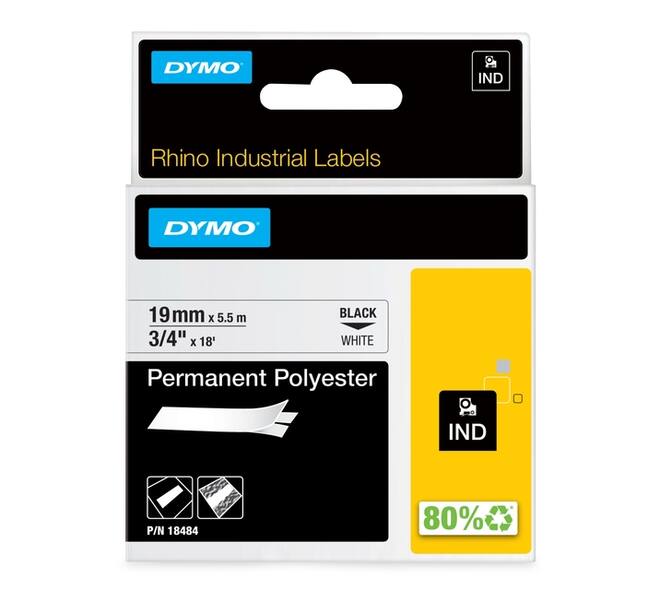 Labeltape Dymo Rhino industrieel polyester 19mm zwart op wit