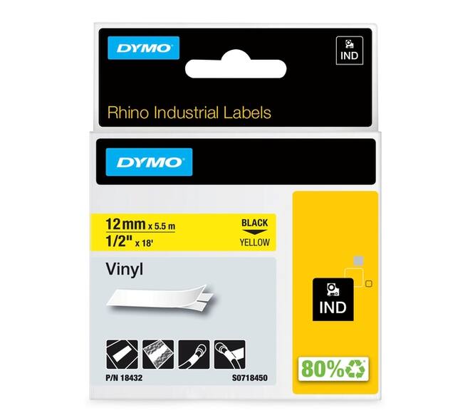 Labeltape Dymo Rhino industrieel vinyl 12mm zwart op geel