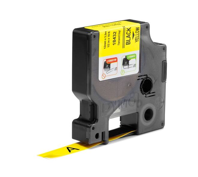 Labeltape Dymo Rhino industrieel vinyl 12mm zwart op geel