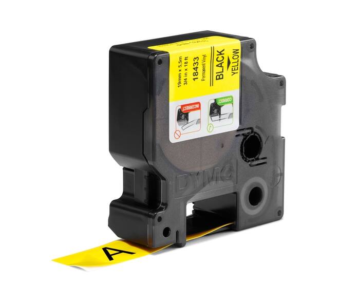 Labeltape Dymo Rhino industrieel vinyl 19mm zwart op geel