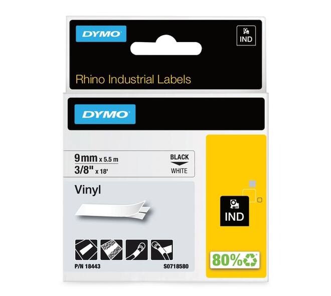 Labeltape Dymo Rhino industrieel vinyl 9mm zwart op wit