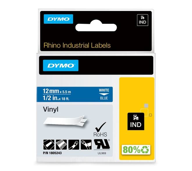 Labeltape Dymo Rhino industrieel vinyl 12mm wit op blauw