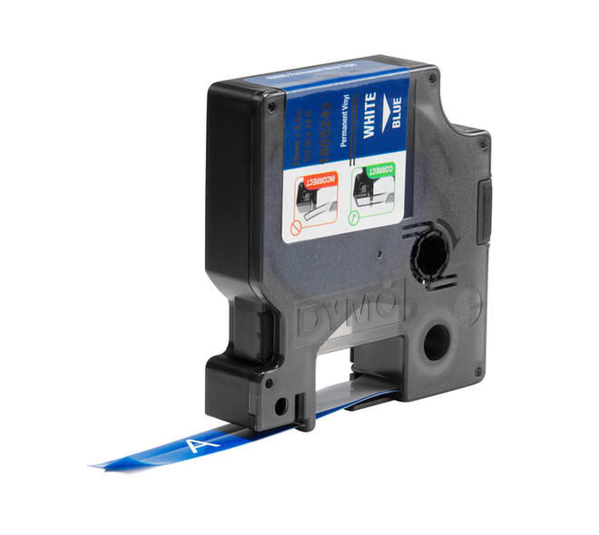 Labeltape Dymo Rhino industrieel vinyl 12mm wit op blauw