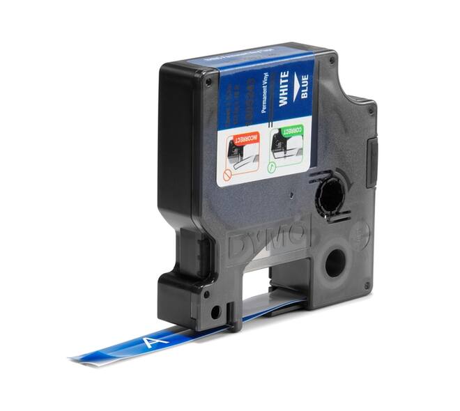 Labeltape Dymo Rhino industrieel vinyl 12mm wit op blauw