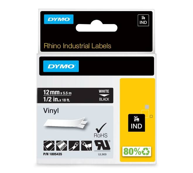 Labeltape Dymo Rhino industrieel vinyl 12mm wit op zwart