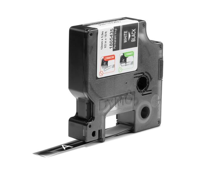 Labeltape Dymo Rhino industrieel vinyl 12mm wit op zwart