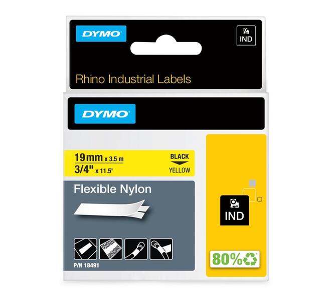 Labeltape Dymo Rhino industrieel nylon 19mm zwart op geel