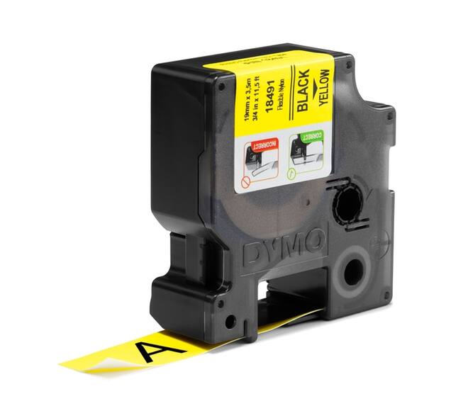 Labeltape Dymo Rhino industrieel nylon 19mm zwart op geel